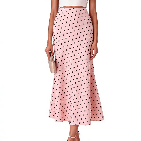 Womens Polka Dot Maxi Skirt Summer Elastic High Waisted A Line Flowy Fishtail Elegant Long Skirts Pink