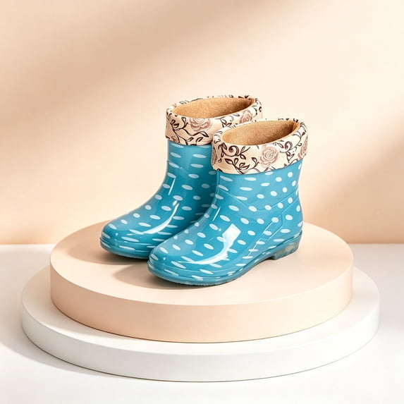 Womens Polka Dot PVC Waterproof Mid Calf Rain Boots, Floral Cuff Lined, Soft Warm Interior, Pull On Casual Rain Shoes for Daily Outdoor Indoor Wear Light Blue A