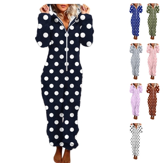 Womens Polka Dot Pajamas Fuzzy Fleece Hooded Onesie Zip Up Jumpsuit Lounge Sleepwear Cozy Union Suit with Pocketsfor Winter Christmas, Black, L