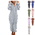thumbnail image 1 of Womens Polka Dot Pajamas Fuzzy Fleece Hooded Onesie Zip Up Jumpsuit Lounge Sleepwear Cozy Union Suit with Pocketsfor Winter Christmas, Gray, XL, 1 of 7