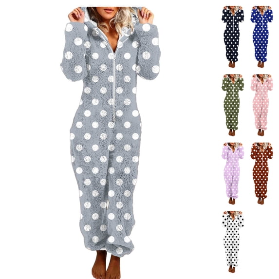 Womens Polka Dot Pajamas Fuzzy Fleece Hooded Onesie Zip Up Jumpsuit Lounge Sleepwear Cozy Union Suit with Pocketsfor Winter Christmas, Gray, XL