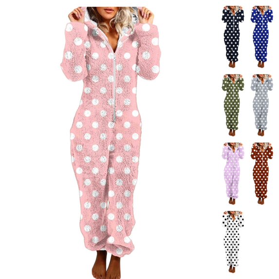 Womens Polka Dot Pajamas Fuzzy Fleece Hooded Onesie Zip Up Jumpsuit Lounge Sleepwear Cozy Union Suit with Pocketsfor Winter Christmas, Pink, XXL