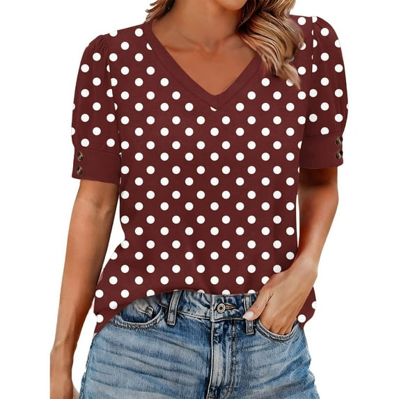 Womens Polka Dot Short Sleeve Tops Trendy V Neck Graphic Tee Shirts Casual Business Dressy Blouses