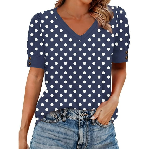 Womens Polka Dot Short Sleeve Tops Trendy V Neck Graphic Tee Shirts Casual Business Dressy Blouses