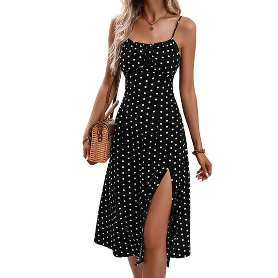 Womens Polka Dot Sundresses Spaghetti Strap Summer Dresses Slim Fit Side Slit Midi Dress A Line Beach Dress Black S