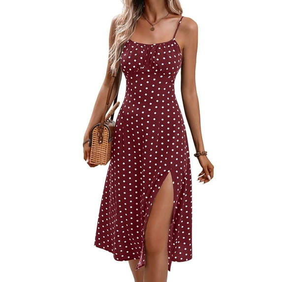 Womens Polka Dot Sundresses Spaghetti Strap Summer Dresses Slim Fit Side Slit Midi Dress A Line Beach Dress Wine Red L