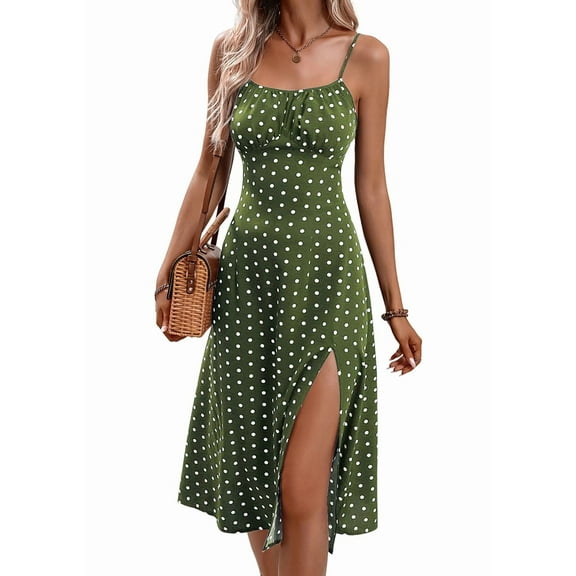 Womens Polka Dot Sundresses Spaghetti Strap Summer Slim Fit Side Slit Midi Dress A Line Beach Dress Light Green S