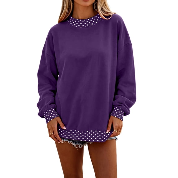 Womens Polka Dot Sweatshirt Crew Neck Pullover Top Long Sleeve Oversized Casual Fall Winter Fashion Contrast Trim Shirt Purple L