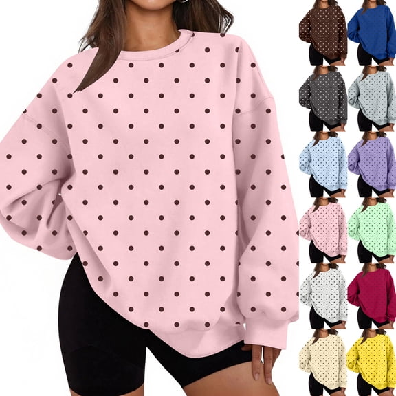 Womens Polka Dot Sweatshirt Oversized Crewneck Sweatshirts Long Sleeve Fleece Pullover Fall Y2K Casual Clothes,Pink,M