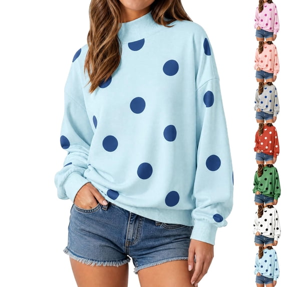 Womens Polka Dot Sweatshirts Mock Neck Long Sleeve Pullover Tops,Oversized Sweatshirt,Drop Shoulder,Y2K,Fall Fashion Outfits 2026,Soft,Turtleneck,Loose Fit Travel Casual Lounge Outfit Sky Blue