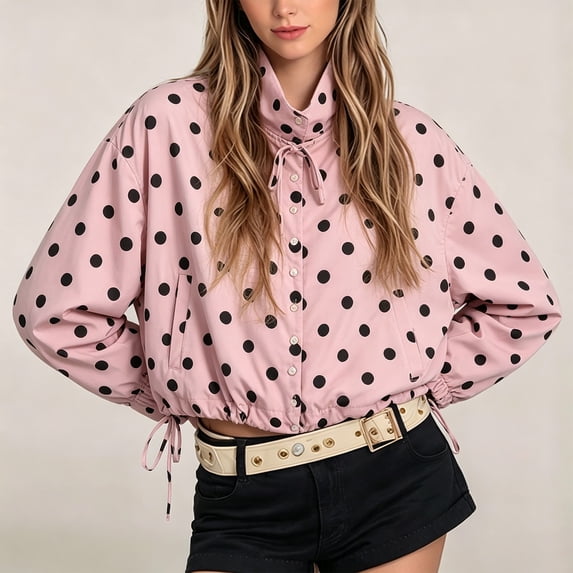 Womens Polka Dot Zip up Cropped Jackets Lightweight, Lapel Collar, Casual Trendy, Fall Spring Outfits, Streetwear Pink M Byhontri
