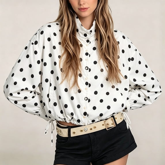 Womens Polka Dot Zip up Cropped Jackets Lightweight, Lapel Collar, Casual Trendy, Fall Spring Outfits, Streetwear White M Byhontri