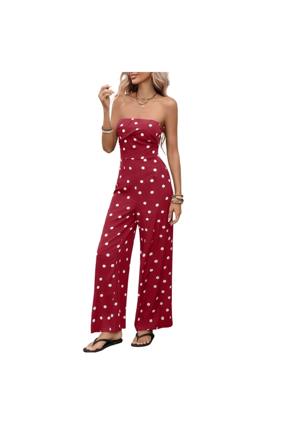 Womens Polka Dots Strapless Sleeveless Overalls Racerback Lightweight Wide Long Pants One Piece Jumpsuits