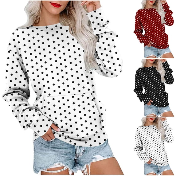 Womens Polka Dots Sweatshirt Crew Neck Long Sleeve Graphic Oversized Pullover Sweatshirt with Pocket for Fall Vcaation White M
