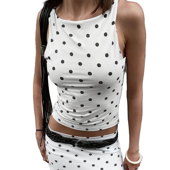 Womens Polka Dots Tank Top Y2k Sleeveless Cami Slim Fit Summer Casual Crew Neck Basic Going Out Shirts Tops Vacation Fashion Outfit Clothes