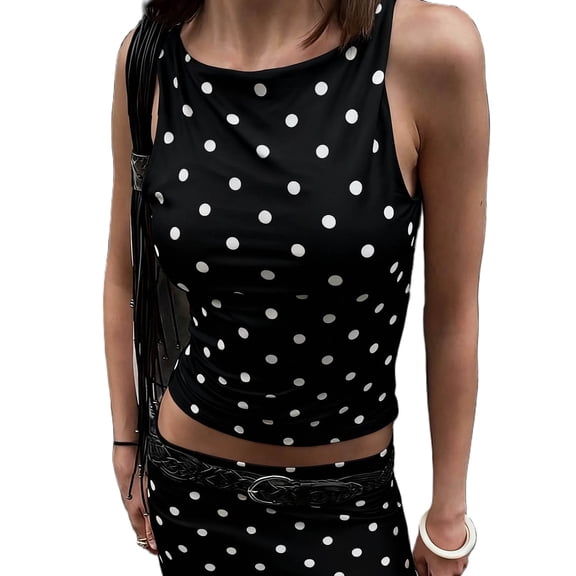 Womens Polka Dots Tank Top Y2k Sleeveless Cami Slim Fit Summer Casual Crew Neck Basic Going Out Shirts Tops Vacation Fashion Outfit Clothes