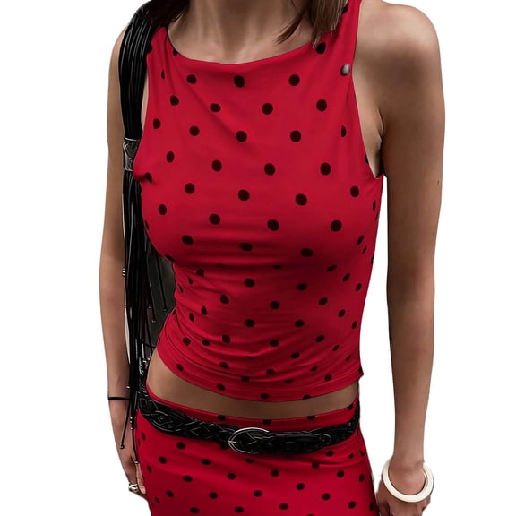 Womens Polka Dots Tank Top Y2k Sleeveless Cami Slim Fit Summer Casual Crew Neck Basic Going Out Shirts Tops Vacation Fashion Outfit Clothes