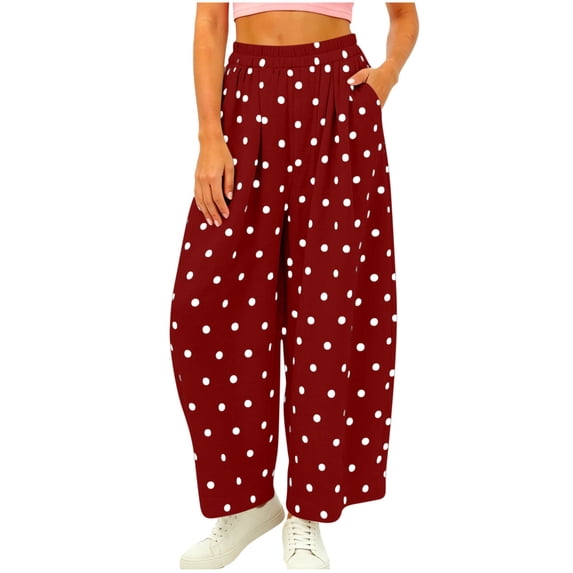 Womens Polka Dots Wide Leg Pants High Waisted Flowy Palazzo Trousers Summer Casual Beach Travel Lightweight with Pockets,Wine,XL