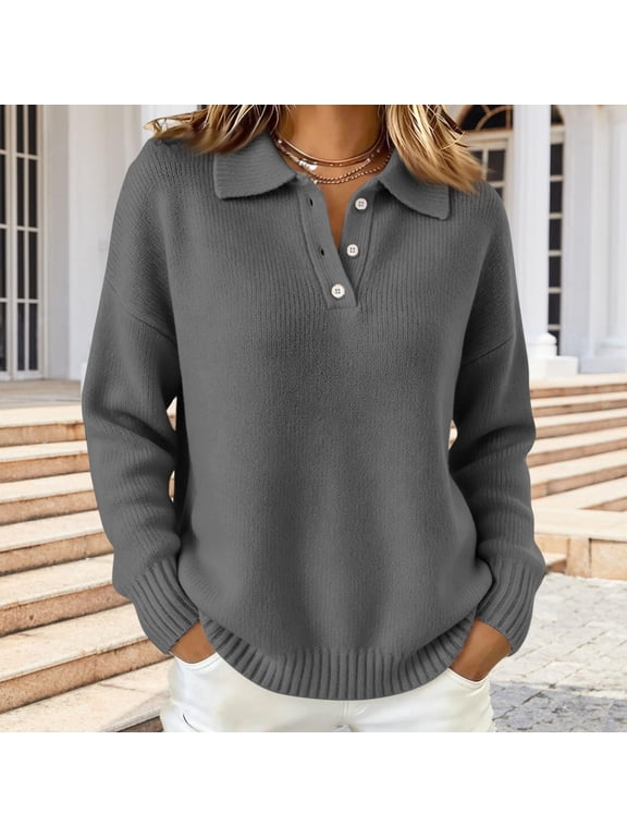 Womens Polo Collar Button Down Sweater Solid Color Long Sleeve Knit Pullover Fall Winter Ribbed Hem Loose Fit Casual Knit Jumper Tops Gray XL