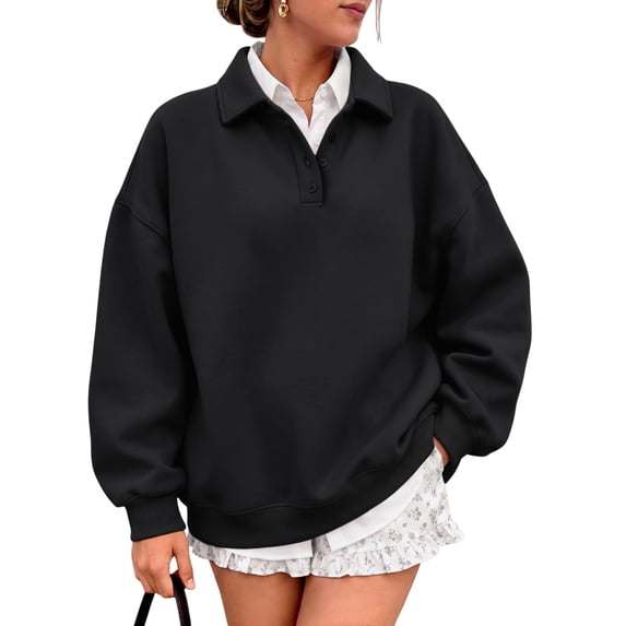Womens Polo Collar Button Sweatshirt Oversized Long Sleeve Casual Loose Fit Fall Winter Pullover Top Black 2XL