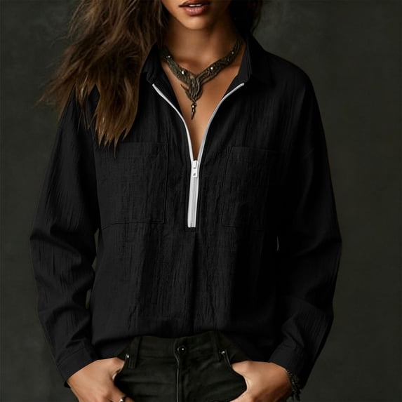 Womens Polo Collar Shirts with Pockets Fall Pullover Loose Fit Casual Long Sleeve Half Zipper Tops Black 2XL