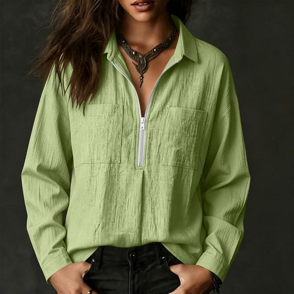 Womens Polo Collar Shirts with Pockets Loose Fit Fall Pullover Long Sleeve Casual Half Zipper Tops Green M