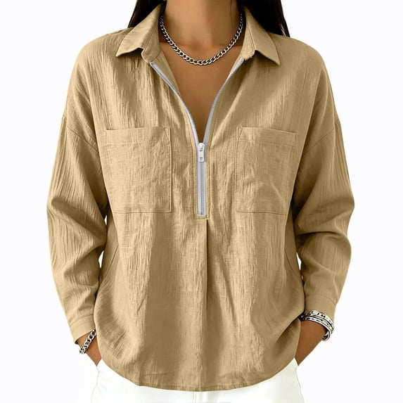 Womens Polo Collar Shirts with Pockets Loose Fit Fall Pullover Long Sleeve Casual Half Zipper Tops Khaki S
