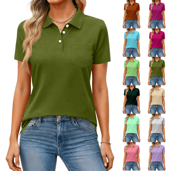 Womens Polo Shirt Short Sleeve Collared Top Button Down Breathable Regular Fit Work Golf Tennis Basic Dressy Blouses Army Green L