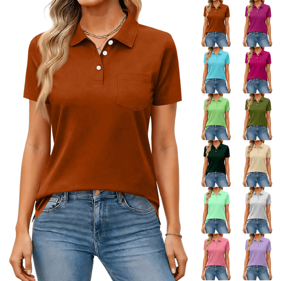 Womens Polo Shirt Short Sleeve Collared Top Button Down Breathable Regular Fit Work Golf Tennis Basic Dressy Blouses Vermilion M