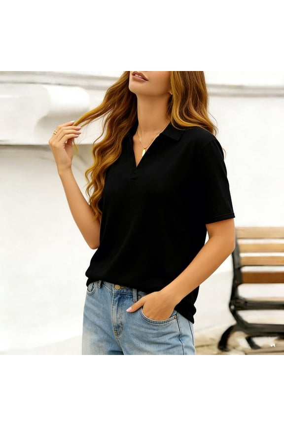 Womens Polo Shirt Short Sleeve, V-Neck Black Solid Color Top, Relaxed Fit Casual & Work Shirt for Ladies, Breathable Wrinkle Resistant,Size L