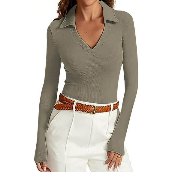 Womens Polo Shirts 2025 Fall Long Sleeve V Neck Ribbed Knit Tops Casual Slim Fit Solid Basic Pullover Tee Shirts