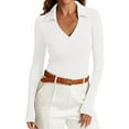 thumbnail image 1 of Womens Polo Shirts 2025 Fall Long Sleeve V Neck Ribbed Knit Tops Casual Slim Fit Solid Basic Pullover Tee Shirts, 1 of 8