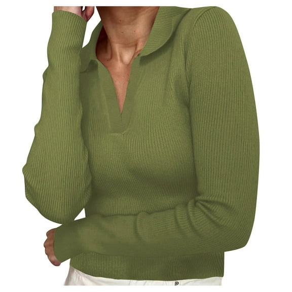 Womens Polo Shirts 2025 Fall Long Sleeve V Neck Ribbed Knit Tops Casual Slim Fit Solid Basic Pullover Tee Shirts