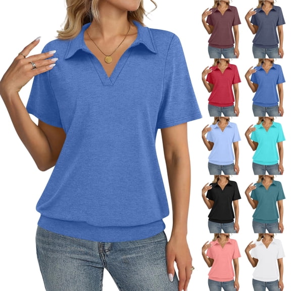Womens Polo Shirts 3/4 Sleeve Banded Bottom Tops Business Casual Tops Collared V Neck Blouses,Blue S