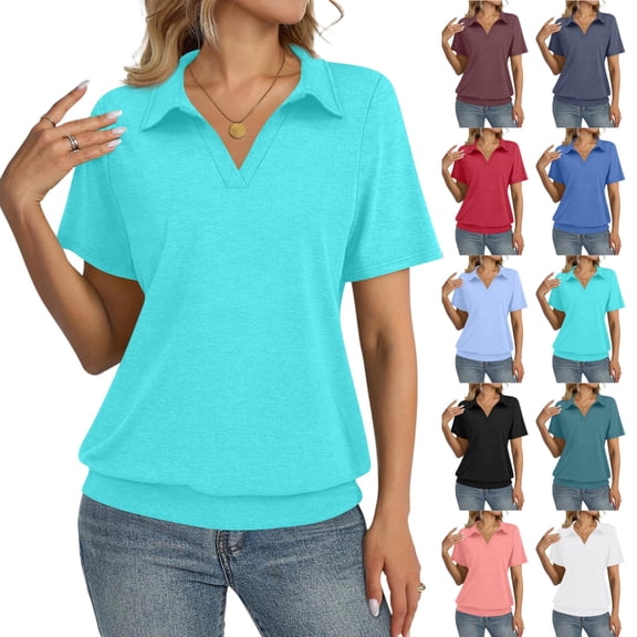 Womens Polo Shirts 3/4 Sleeve Banded Bottom Tops Business Casual Tops Collared V Neck Blouses,Cyan Xl
