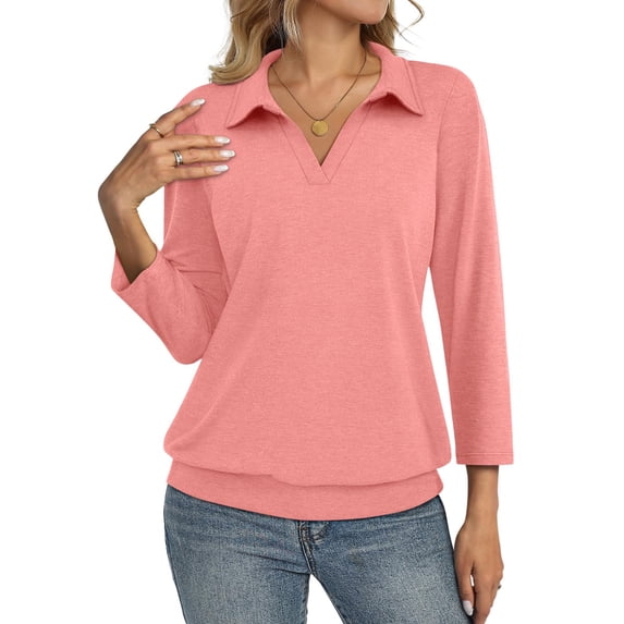 Womens Polo Shirts 3/4 Sleeve Banded Bottom Tops Business Casual Tops Collared V Neck Blouses Pink L