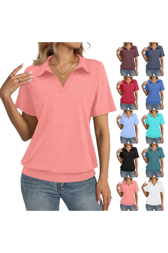 Womens Polo Shirts 3/4 Sleeve Banded Bottom Tops Business Casual Tops Collared V Neck Blouses,Pink S