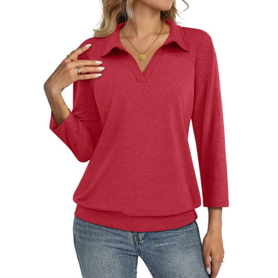 Womens Polo Shirts 3/4 Sleeve Banded Bottom Tops Business Casual Tops Collared V Neck Blouses Red M