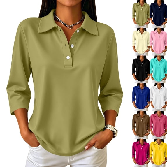 Womens Polo Shirts Business Casual Collared Three Quarter Sleeve Soft Tops Relaxed Fit Office Everyday Wear Blouses with Henley Button Front 2026 Army Green L