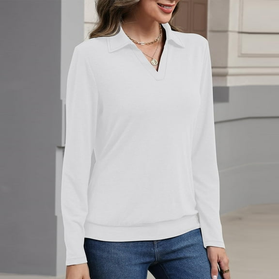 Womens Polo Shirts Long Sleeve Banded Bottom Tops Business Casual Tops Collared V Neck Blouses White M