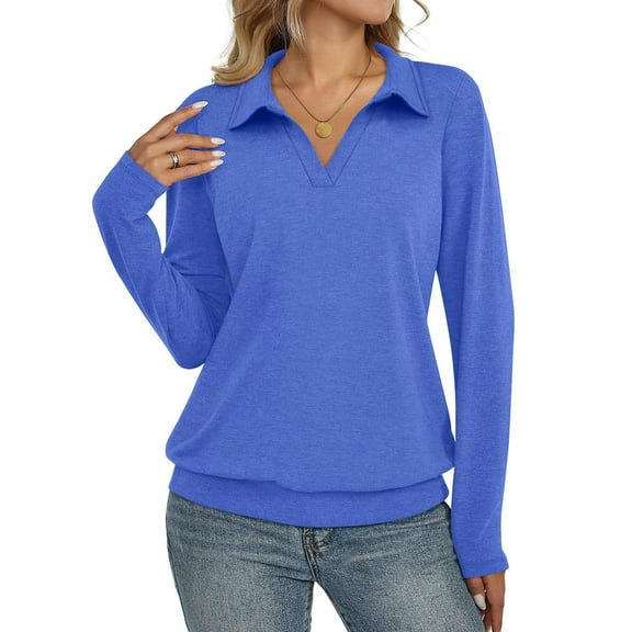 Womens Polo Shirts Long Sleeve Bottom Tops Business Casual Tops Collared V Neck Blouses