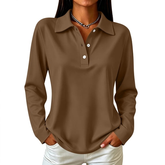 Womens Polo Shirts Long Sleeve Golf Tops Collared Button Down Tee Womens Casual Business Golf Shirts Work Daily Tops Brown S