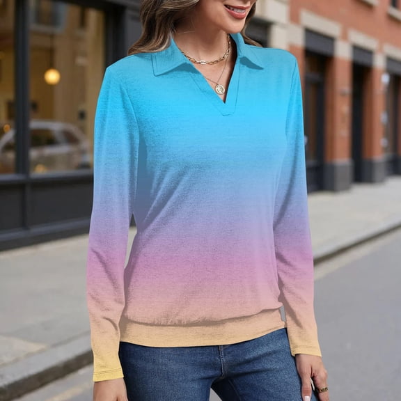 Womens Polo Shirts Long Sleeve Gradient Color Tops Business Casual Tops Collared V Neck Blouses Blue XL