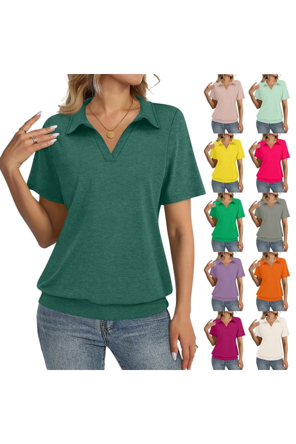 Womens Polo Shirts Short Sleeve Banded Bottom Business Tops Collared V Neck Casual Dressy Blouses Camel M