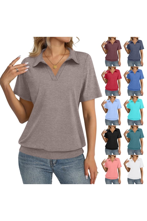 Womens Polo Shirts Short Sleeve Banded Bottom Business Tops Collared V Neck Casual Dressy Blouses Sky Blue 2XL