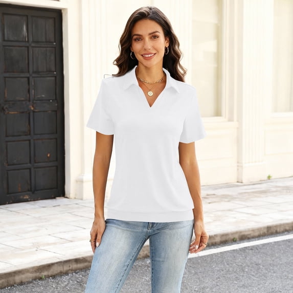 Womens Polo Shirts Short Sleeve Banded Bottom Tops Business Casual Tops Collared V Neck Dressy Blouses White S