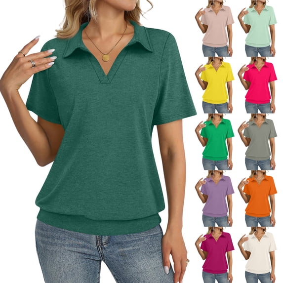 Womens Polo Shirts Short Sleeve Banded Bottom Tops Business Casual Tops Collared V Neck Dressy Blouses Yellow S