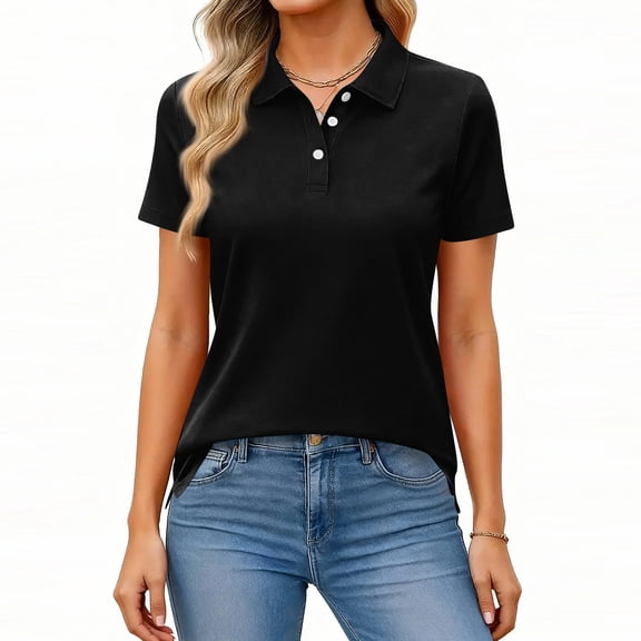 Womens Polo Shirts Short Sleeve Button Lapel Collared Summer Tops Business Casual Basic Tees Black 3XL
