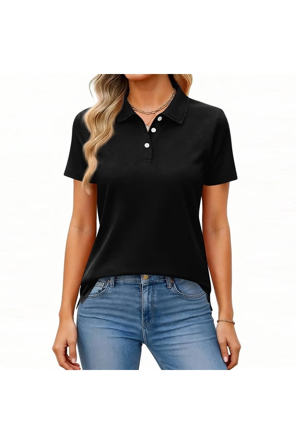 Womens Polo Shirts Short Sleeve Button Lapel Collared Summer Tops Business Casual Basic Tees Black L