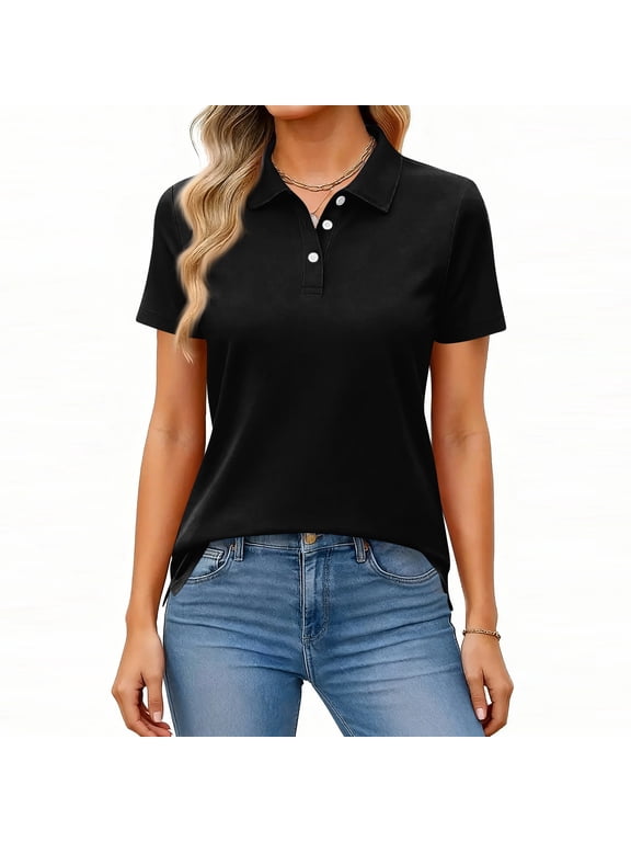 Womens Polo Shirts Short Sleeve Button Lapel Collared Summer Tops Business Casual Basic Tees Black S